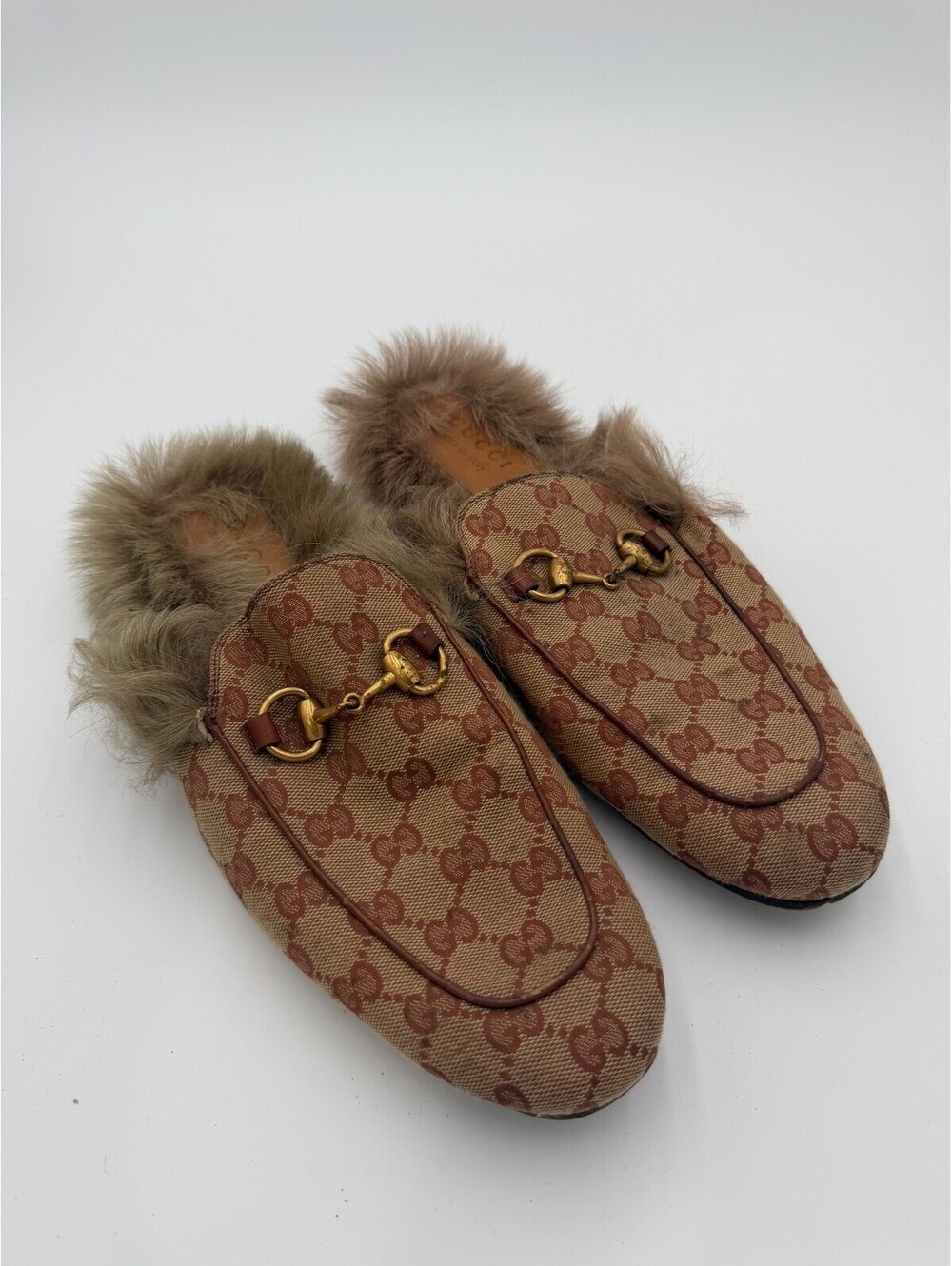 Gucci Brixton Horsebit Mules Beige Canvas Fur Size 8/41
